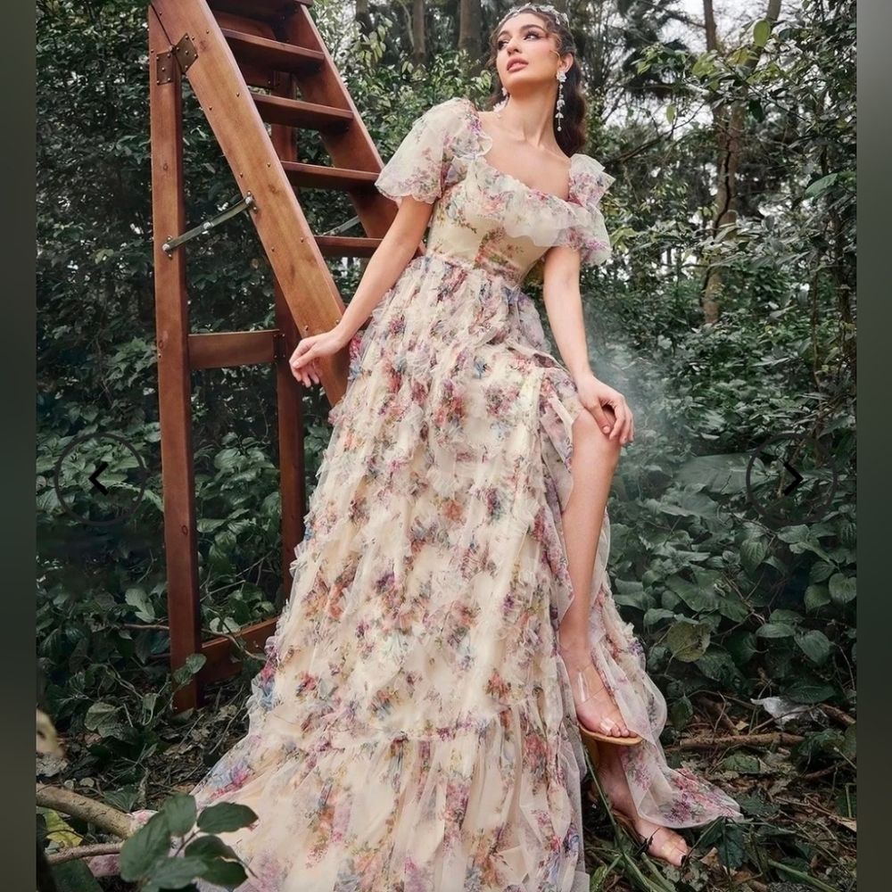 Faeriesty Floral Ruffle Maxi Dress in Cream and Pink